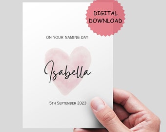 Naming Day Card Printable, Editable name and date. DIGITAL DOWNLOAD. Name Card For girl. Personalised Name Day Card. 5x7