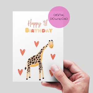 Giraffe Geburtstagskarte zum Ausdrucken - Digitale 1. Geburtstagskarte. Giraffe Geburtstagskarte. Erste Happy Birthday Karte. Kind. DIGITALER Download.