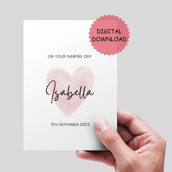 Naming Day Card Printable, Editable name and date. DIGITAL DOWNLOAD. Name Card For girl. Personalised Name Day Card. 5x7