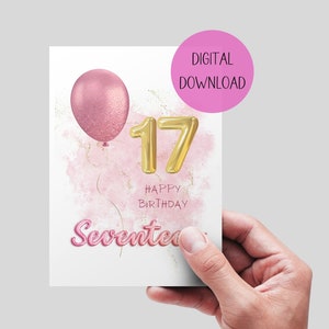 Druckbare Karte zum 17. Geburtstag. DIGITALER DOWNLOAD. Rosa und rosegoldene Karte zum 17. Geburtstag. 5x7 digitaler Download. Karte für Teenager.