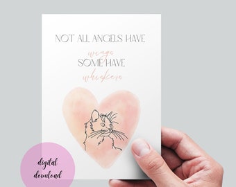 May include: A digital download of a printable card with a watercolor heart and a line drawing of a cat. The text reads "Not all angels have wings, some have whiskers."