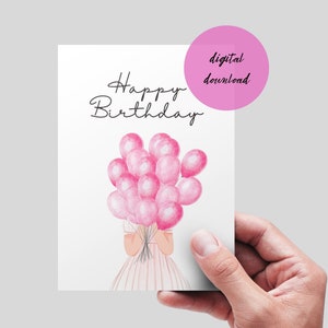 Afdrukbare verjaardagskaart met roze ballonnen. Kleine prinses verjaardagskaart. DIGITALE DOWNLOAD. roze jurkkaart. Gelukkige verjaardag zoete roze kaart.