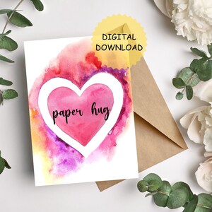 Tarjeta imprimible Paper Hug. DESCARGA DIGITAL. Tarjeta de amistad, regalo de aliento, tarjeta de "Pienso en ti" para mejor amiga, tarjeta de abrazo. 5" x 7"