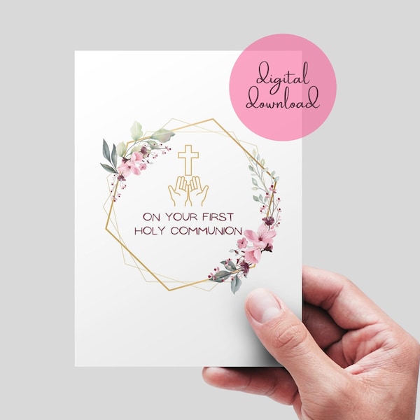 First Holy Communion Card, Printable Catholic Communion Card, On Your First Holy Communion Religious Card, Digital Download Card 5x7