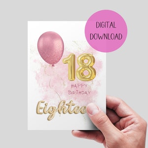 18th birthday printable card. DIGITAL DOWNLOAD. Pink and rose gold  18th birthday card. 5x7 digital download. Card for teenager.