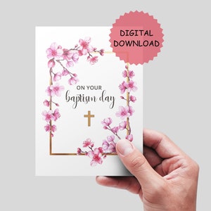 Biglietto stampabile rosa per battesimo, download immediato. Carta di battesimo cristiano, carta di battesimo cristiano stampabile. Biglietto di battesimo.