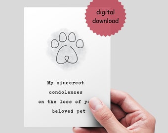 May include: A digital download of a sympathy card with a paw print and the text "My sincerest condolences on the loss of your beloved pet."