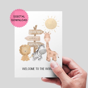 Willkommens neues Baby druckbare Karte. Safari-Babypartykarte. Neues Baby digitaler Download. Willkommen in der Welt Karte. Karte für Neugeborene Baby.