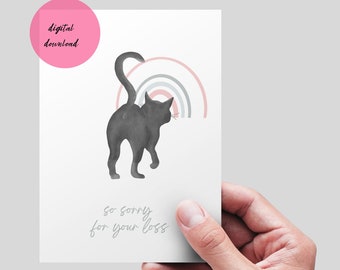 Cat Sympathy Card Printable, DIGITAL  Card. Cat loss card. Cat Memorial, Pet Loss. with sympathy card. Cat and rainbow print.