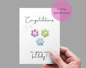 Schattige nieuwe puppy, Kitty Card, schattige nieuwe huisdierkaart, gefeliciteerd met uw vachtbabykaart, hondadoptiekaart, katadoptie afdrukbare DIGITALE KAART
