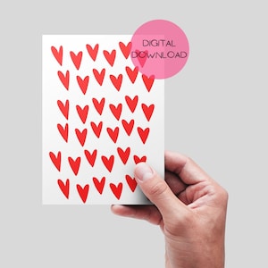 Tarjeta imprimible de San Valentín sencilla y elegante. Tarjeta 5x7. Tarjeta de corazones rojos.