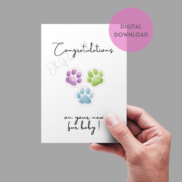 Cute New Puppy, Kitty Card, Cute New Pet Card, Congratulations on your Fur Baby Card, Dog Adoption Card, Cat adoption printable DIGITAL CARD