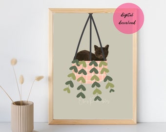 Cat Print, Cat Wall Art, Cat Art Printable. Hanging basket  Plant Cat, Funny Cat Print, DIGITAL DOWNLOAD, Boho Home and Cat Poster