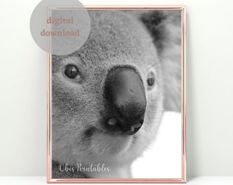 Koala Wall Art, Black White Woodland Printable Art Animal, Modern Minimalist, Home Decor, DIGITAL DOWNLOAD. Poster Animal Koala Prints