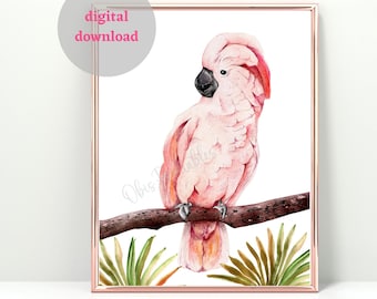 Pink Cockatoo Wall art. Leaf. Digital download. Exotic bird. Bedroom. Child's room. Sitting parrot. Watercolour. Printable wall art. Parrot.