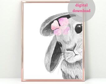Bunny with pink flower. Easter decor. Nursery wall art. Rabbit. Printable wall art. DIGITAL DOWNLOAD. Pink flower. Home decor. Bunny.