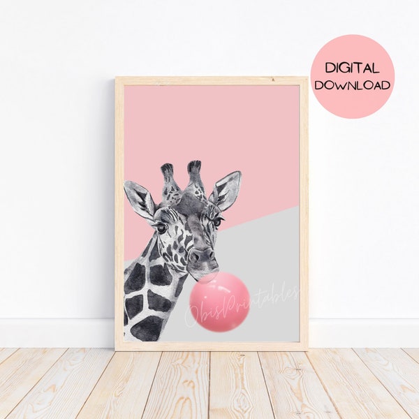 Bubble gum, giraffe, wall art, nursery decor, digital download, bubble gum art, printable wall art, pink and grey printable wall decor.