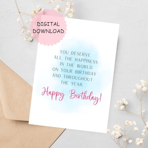 Tarjeta imprimible de cumpleaños. Deseos de cumpleaños. Deseos de cumpleaños desde el corazón. Tarjeta de cumpleaños para familiares y amigos. DESCARGA DIGITAL.