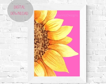 Sunflower on fuchsia pink background. DIGITAL DOWNLOAD. Flower printable wall art. Yellow and pink home decor. Nursery decor. Living room