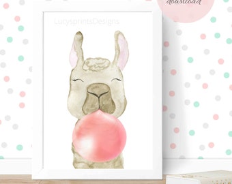 Llama Wall Art, Printable Wall Art, Digital Download, Nursery Decor, Alpaca Wall Art, Llama Prints,Girl Bedroom Decor. Pink bubble gum.