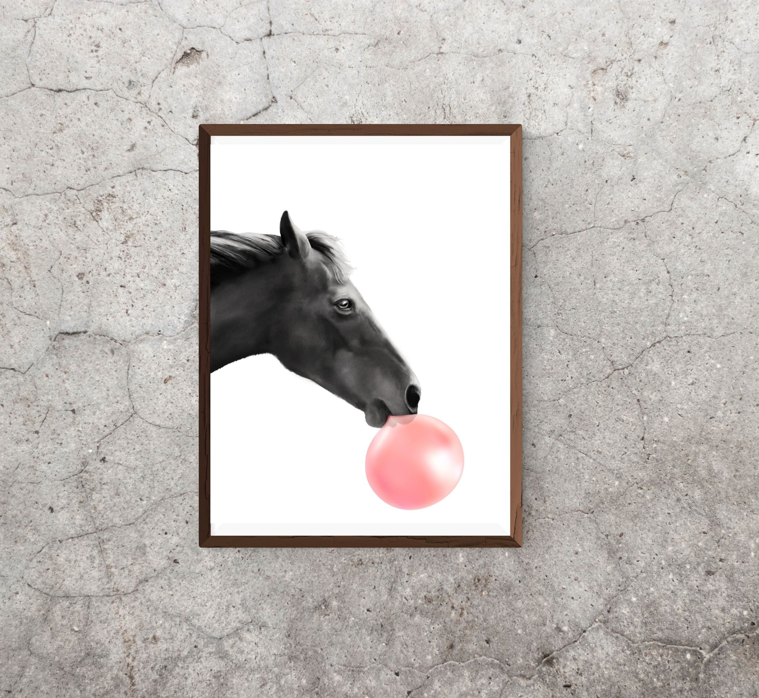 Horse with pink bubble gum. DIGITAL DOWNLOAD. Printable wall Etsy