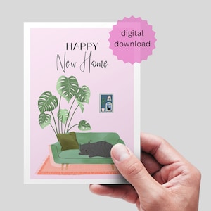 Nouvelle carte imprimable à la maison | Félicitations pour votre nouvelle maison | bonne nouvelle carte à la maison | TÉLÉCHARGEMENT NUMÉRIQUE. Carte colorée de chat et de monstera. Rose