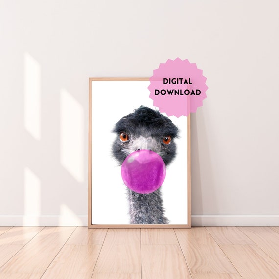 Emu With Pink Bubble Gum Printable Wall Art. Ostrich Wall Decor