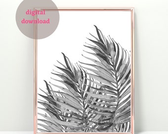 Feuille de palmier. Feuilles. Feuilles noires et blanches. Art mural imprimable. Téléchargement numérique. Décoration d'intérieur. Art mural tropical de feuilles en noir et blanc.