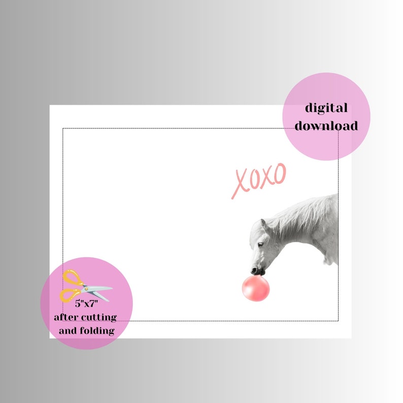Horse Printable Greeting Card. Funny Horse With Bubble Gum, Pink Xoxo ...