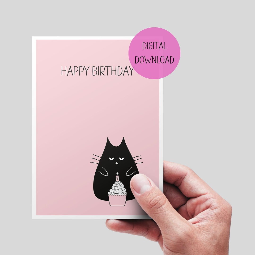 Grumpy Cat Printable Card. Funny Black Cat Instant Card. Happy Birthday ...