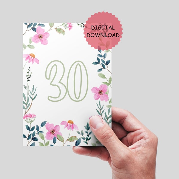 30 druckbare Geburtstagskarte. 30 Jubiläum. DIGITALER DOWNLOAD. Blumenkarte. 30.Geburtstagskarte. 13x18 digitaler Download.
