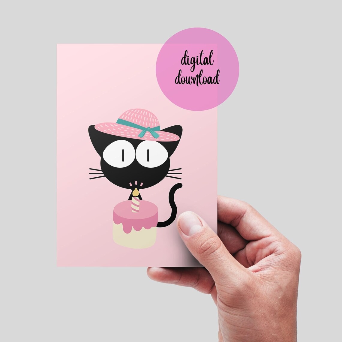 Cat Birthday Printable Card Digital Happy Birthday Card. Black Cat With