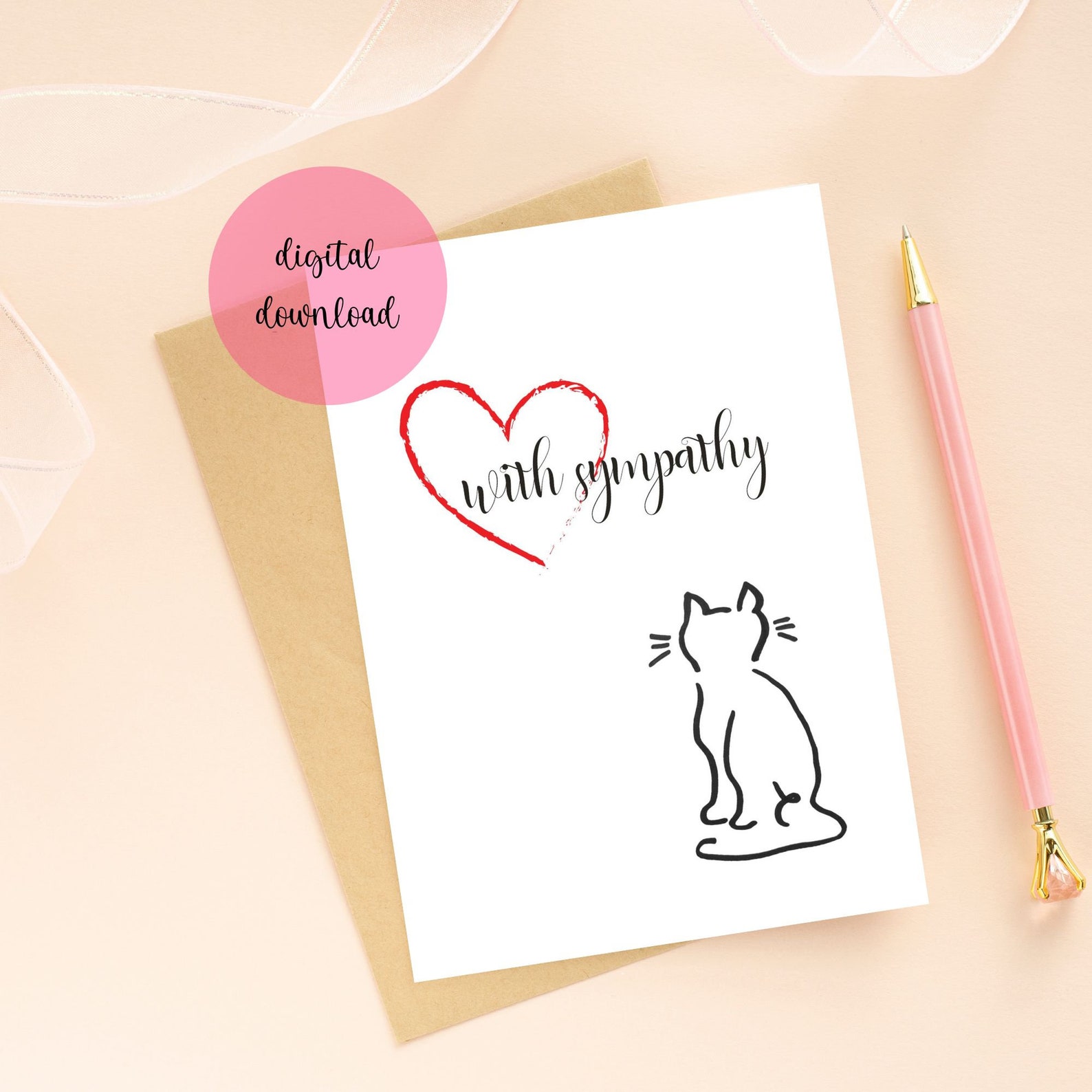 Cat Sympathy Card Printable, DIGITAL Card, With Sympathy, Cat Memorial ...