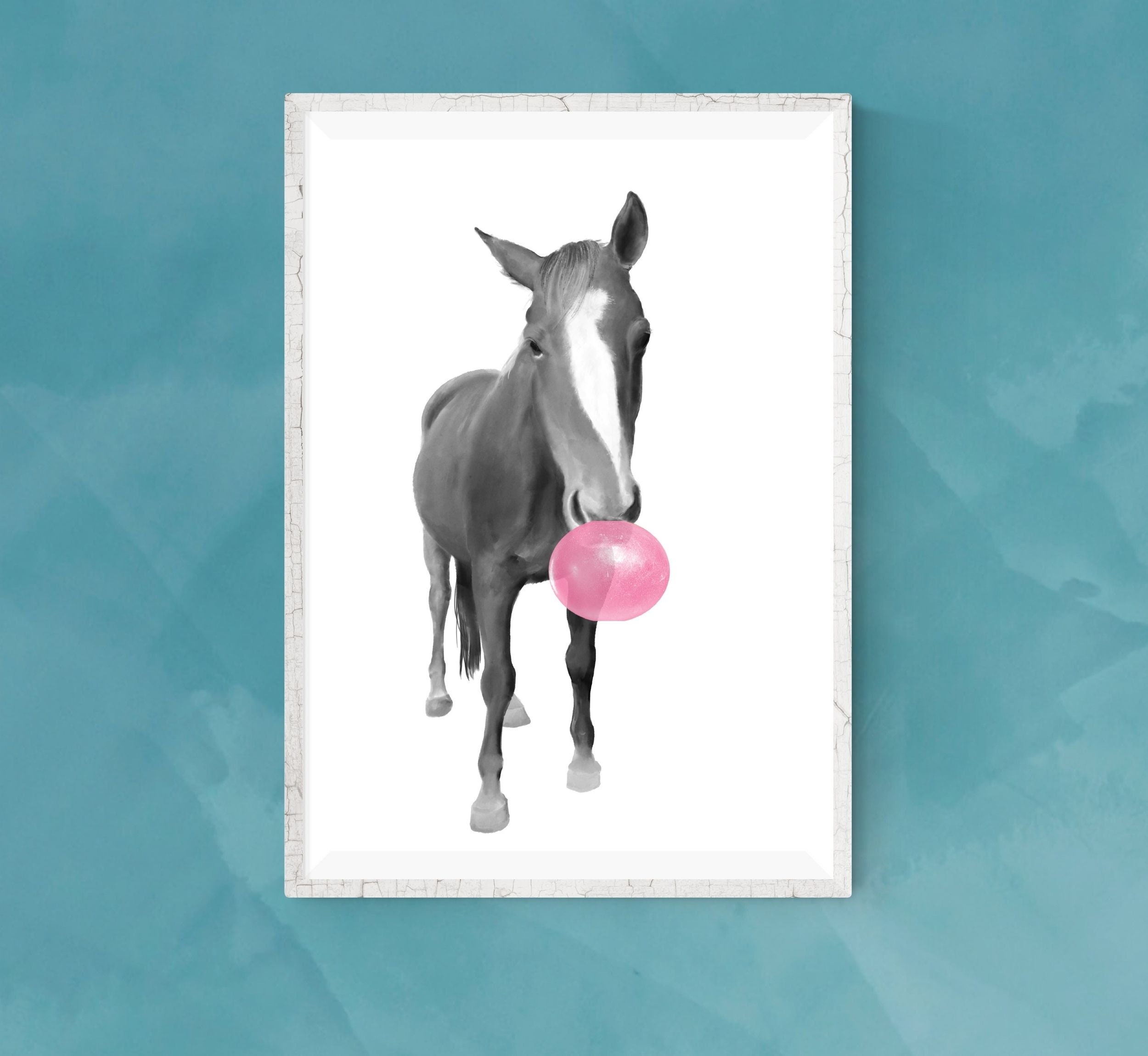 Horse with pink bubble gum. DIGITAL DOWNLOAD. Printable wall Etsy