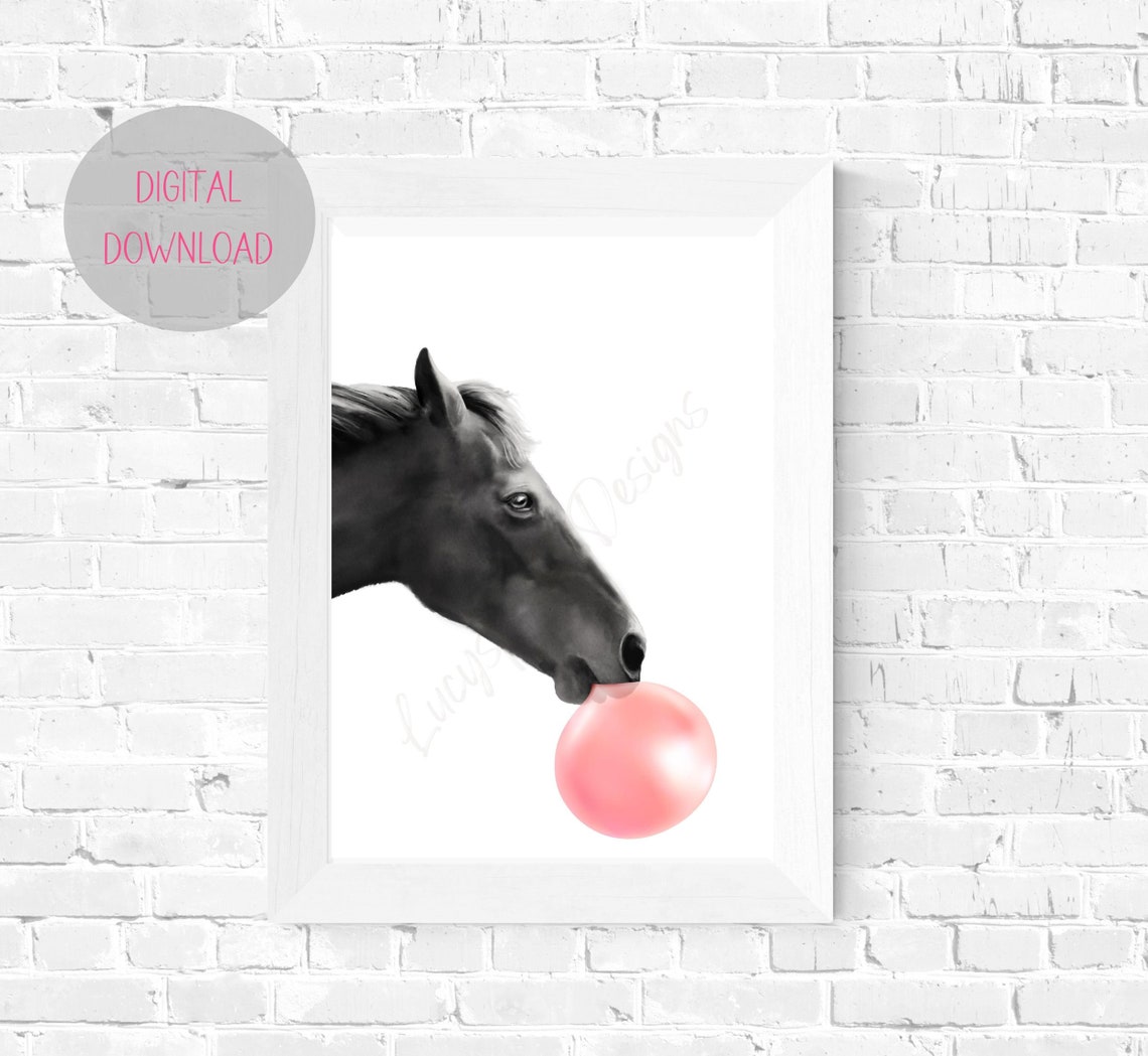Horse With Pink Bubble Gum. DIGITAL DOWNLOAD. Printable Wall Art. Horse. Pink Bubble Gum