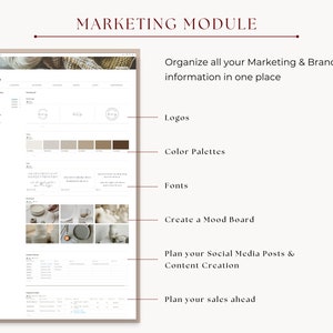 Pode incluir: Um ecr&atilde; de computador a mostrar um modelo de m&oacute;dulo de marketing com se&ccedil;&otilde;es para log&oacute;tipos, paletas de cores, fontes, moodboards, publica&ccedil;&otilde;es nas redes sociais e planeamento de vendas. O modelo foi concebido para ajudar as empresas a organizar as suas informa&ccedil;&otilde;es de marketing e branding num s&oacute; lugar.