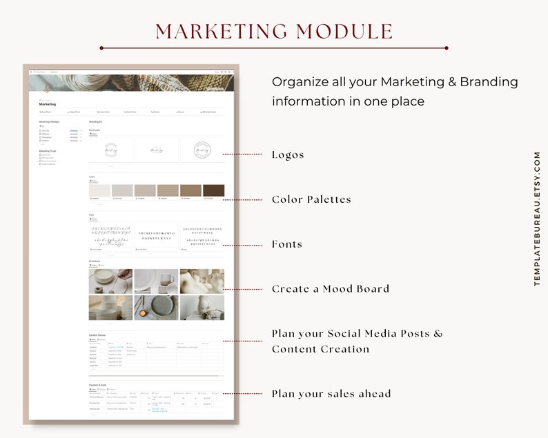 Pode incluir: Um ecr&atilde; de computador a mostrar um modelo de m&oacute;dulo de marketing com se&ccedil;&otilde;es para log&oacute;tipos, paletas de cores, fontes, moodboards, publica&ccedil;&otilde;es nas redes sociais e planeamento de vendas. O modelo foi concebido para ajudar as empresas a organizar as suas informa&ccedil;&otilde;es de marketing e branding num s&oacute; lugar.