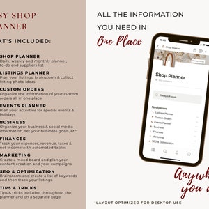 Pode incluir: Um planejador digital para propriet&aacute;rios de lojas Etsy, com uma captura de tela do aplicativo em um smartphone. O aplicativo apresenta uma lista de se&ccedil;&otilde;es, incluindo Planejar Loja, Planejar Listagens, Pedidos Personalizados, Planejar Eventos, Neg&oacute;cios, Finan&ccedil;as, Marketing, SEO e Otimiza&ccedil;&atilde;o, e Dicas e Truques. O texto "Todas as informa&ccedil;&otilde;es que voc&ecirc; precisa em um s&oacute; lugar" &eacute; exibido acima da captura de tela.