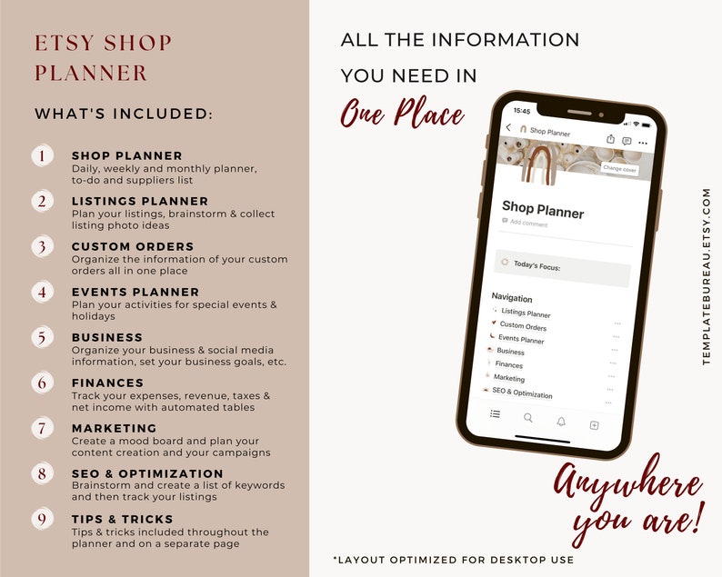 Pode incluir: Um planejador digital para propriet&aacute;rios de lojas Etsy, com uma captura de tela do aplicativo em um smartphone. O aplicativo apresenta uma lista de se&ccedil;&otilde;es, incluindo Planejar Loja, Planejar Listagens, Pedidos Personalizados, Planejar Eventos, Neg&oacute;cios, Finan&ccedil;as, Marketing, SEO e Otimiza&ccedil;&atilde;o, e Dicas e Truques. O texto "Todas as informa&ccedil;&otilde;es que voc&ecirc; precisa em um s&oacute; lugar" &eacute; exibido acima da captura de tela.