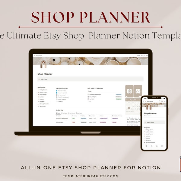 Notion Esty Shop Planner Template, Etsy Seller Planner Notion Template Aesthetic, Notion Planner, Notion Dashboard, Editable Template