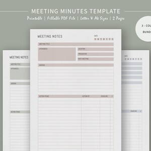 Meeting Minutes Template Bundle, Work Planner, Virtual Meeting Minutes, Meeting Agenda, Meeting Organizer, Printable PDF, Letter, A4
