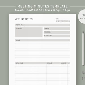 Meeting Minutes Template, Meeting Planner, Meeting Notes, Virtual Meeting Minutes, Meeting Agenda, Meeting Organizer, Printable, Letter, A4