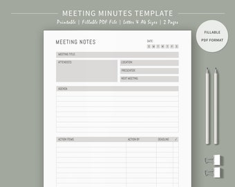Besprechungsprotokoll Vorlage, Besprechungsplaner, Besprechungsnotizen, Virtuelle Besprechungsprotokolle, Besprechungsagenda, Besprechungsorganisator, Printable, Letter, A4