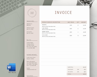 Invoice Template, Printable Business Invoice, Customer Receipt, Small Business Invoice, Invoice Form, Photography Invoice Design | Word