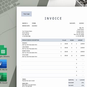 Invoice Template, Printable Invoice, Editable Invoice, Receipt, Invoice Spreadsheet, Small Business Invoice | Word, Excel, Google Sheets