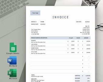 Invoice Template, Printable Invoice, Editable Invoice, Receipt, Invoice Spreadsheet, Small Business Invoice | Word, Excel, Google Sheets