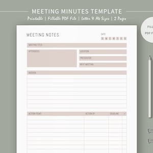 Meeting Notes Template, Meeting Agenda, Work Planner, Meeting Minutes, Virtual Meeting Minutes, Meeting Organizer, Printable PDF, Letter, A4