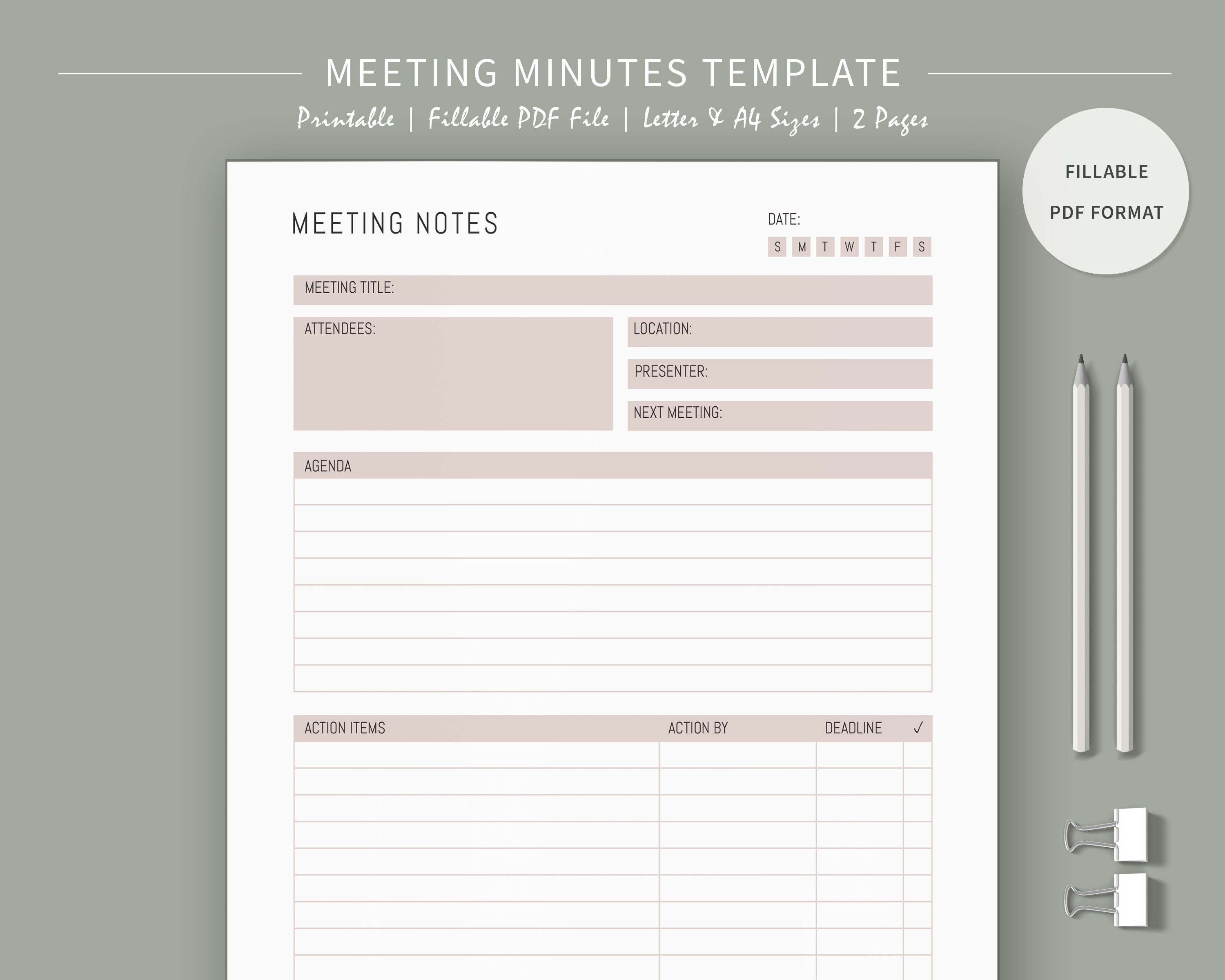 Meeting Agenda Template Printable A4, Meeting Notes, Meeting