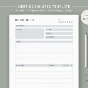 Meeting Minutes Template, Work Planner, Meeting Notes, Virtual Meeting Minutes, Meeting Agenda, Meeting Organizer, Printable PDF, Letter, A4