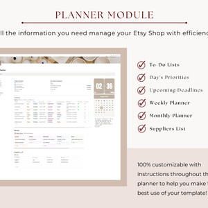 Pode incluir: Uma captura de tela de uma tela de computador mostrando um planejador digital para propriet&aacute;rios de lojas Etsy. O planejador inclui se&ccedil;&otilde;es para listas de tarefas, prioridades di&aacute;rias, prazos pr&oacute;ximos, planejamento semanal e mensal, e uma lista de fornecedores. O planejador &eacute; personaliz&aacute;vel e inclui instru&ccedil;&otilde;es de uso.
